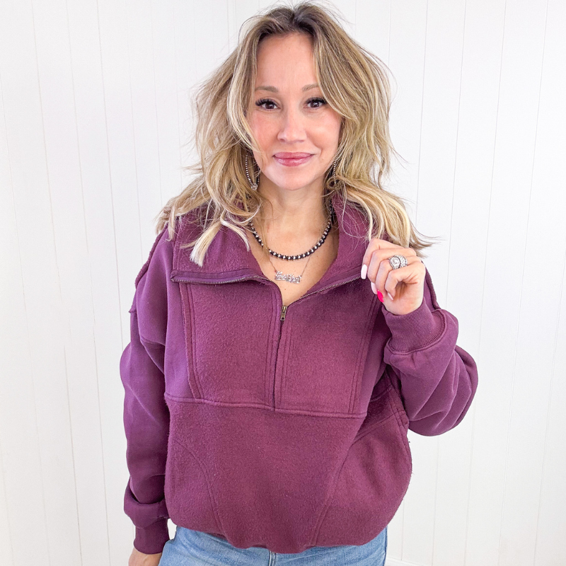 Washed Burgundy Relaxed Fit Pull Over Sweatshirt - Boujee Boutique 