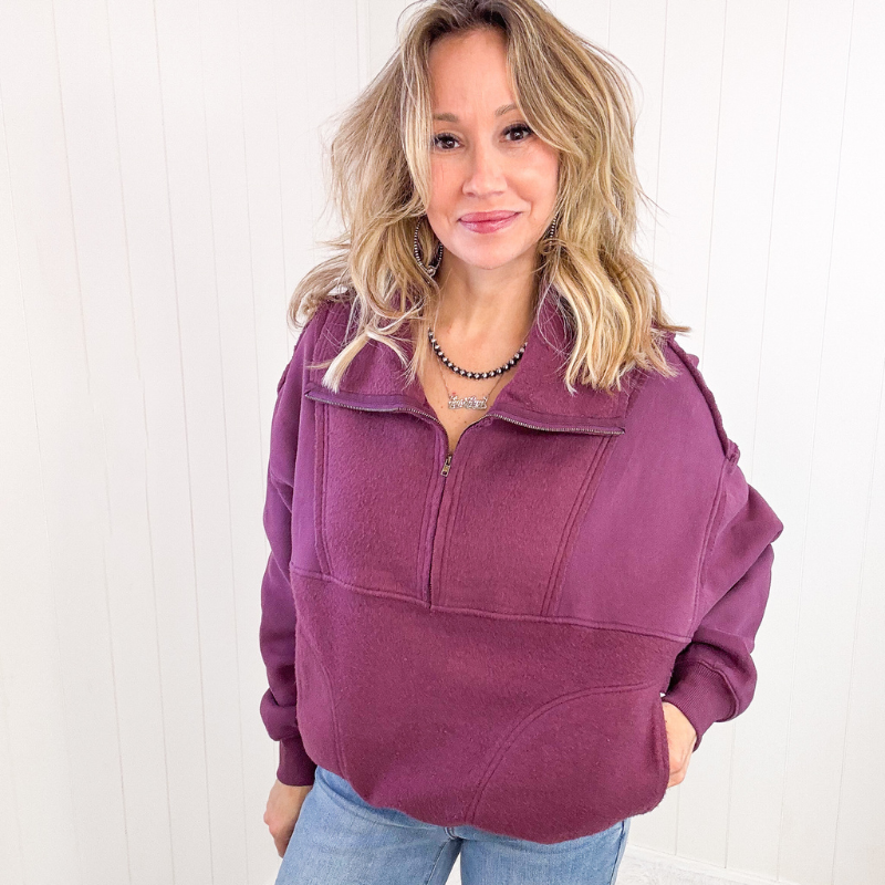 Washed Burgundy Relaxed Fit Pull Over Sweatshirt - Boujee Boutique 