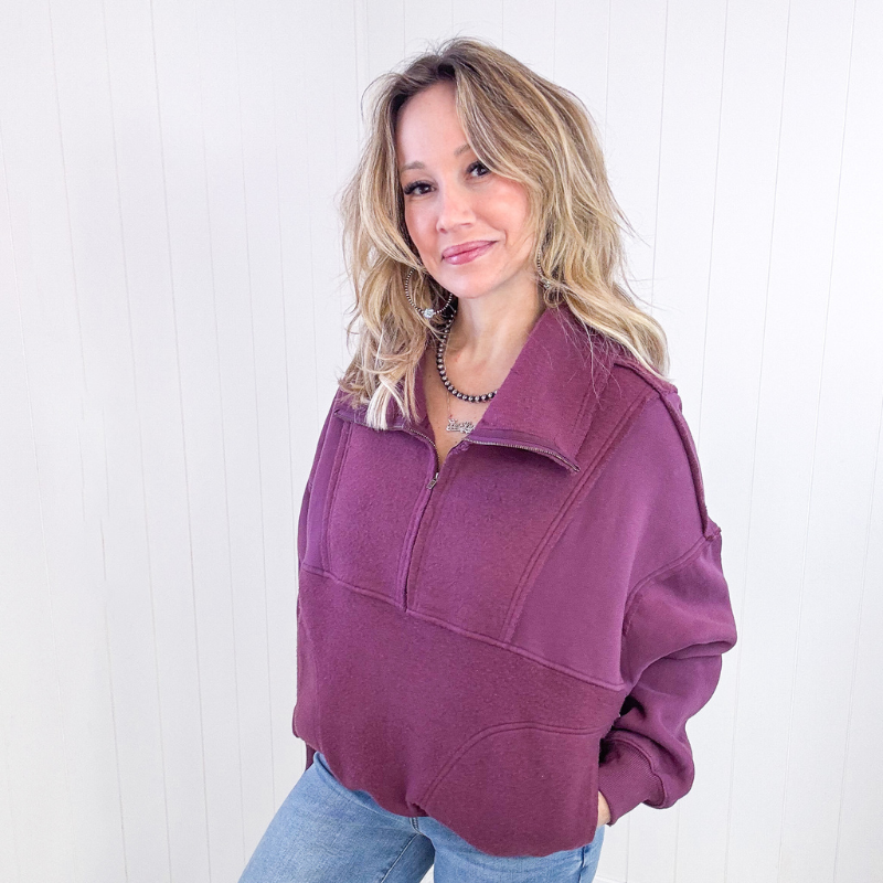 Washed Burgundy Relaxed Fit Pull Over Sweatshirt - Boujee Boutique 