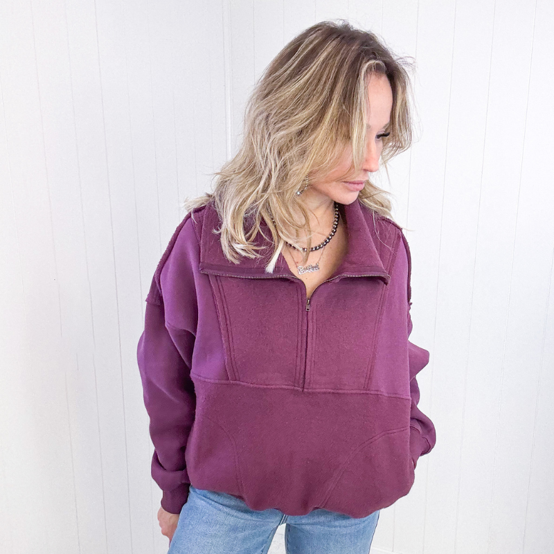 Washed Burgundy Relaxed Fit Pull Over Sweatshirt - Boujee Boutique 