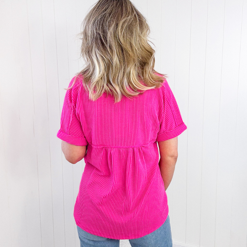 Hot Pink Andree Textured Line Ribbed Short Sleeve Top - Boujee Boutique 