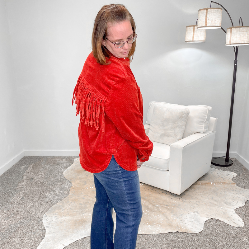 Judy Blue Rust Corduroy Fringe Jacket - Boujee Boutique 