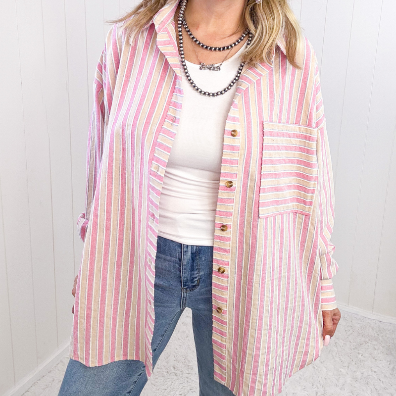 Pink Dough Textured Long Sleeve Button Up Top - Boujee Boutique 