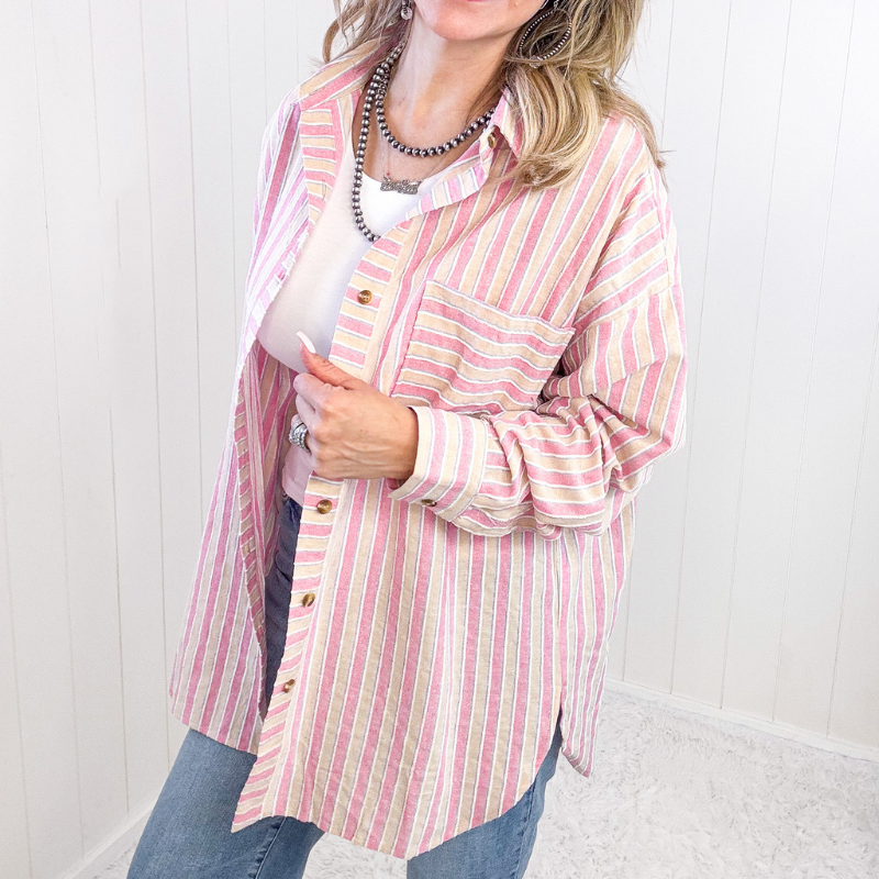 Pink Dough Textured Long Sleeve Button Up Top - Boujee Boutique 