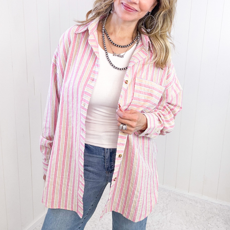 Pink Dough Textured Long Sleeve Button Up Top - Boujee Boutique 