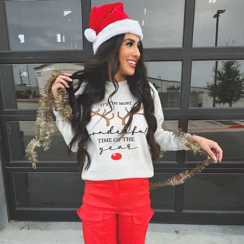 Oatmeal Wonderful Time Of The Year Sweater - Boujee Boutique 