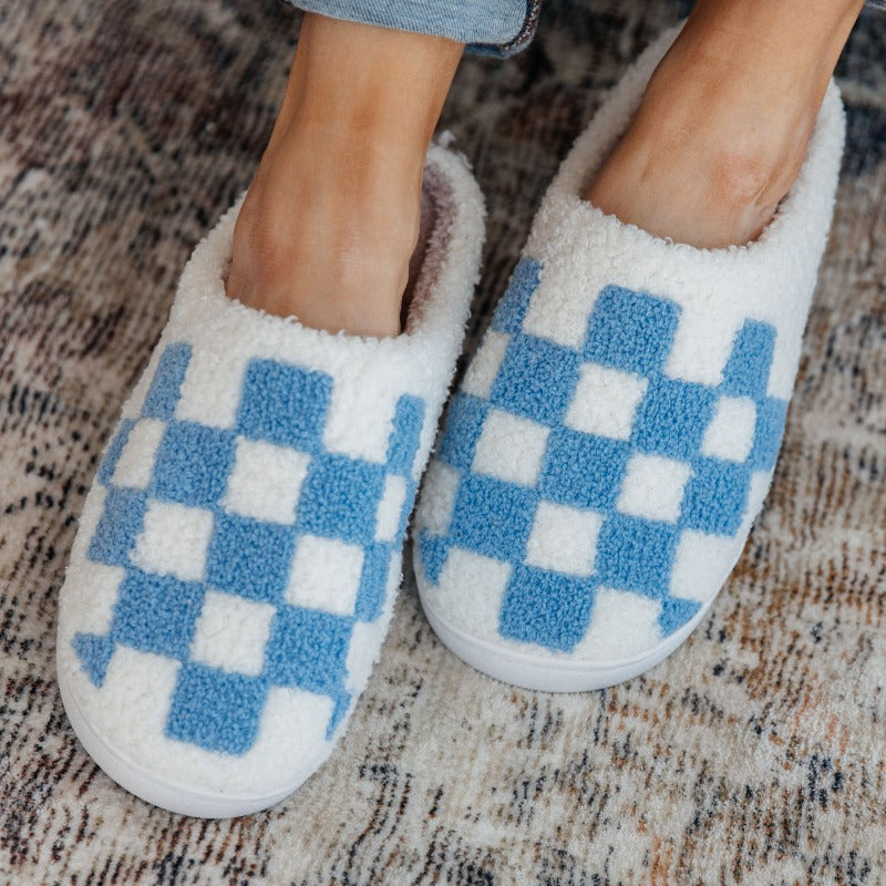 Checked Out Slippers in Blue - Boujee Boutique 