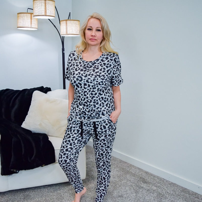 Grey Leopard Print Short Sleeve Pajama Set - Boujee Boutique 