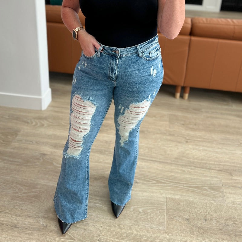 Judy Blue Kiana High Waist Heavy Destroy Flare Jeans - Boujee Boutique 